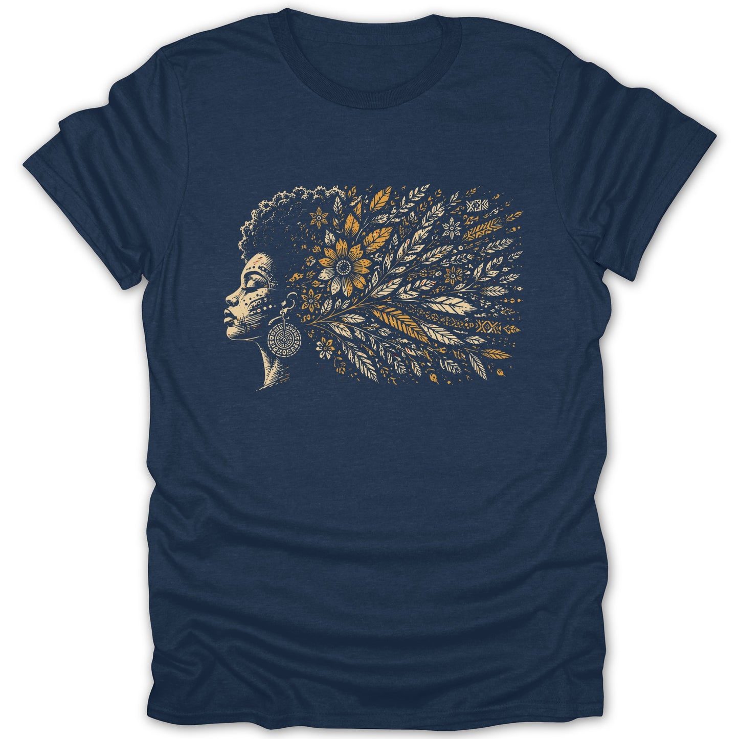 Dark blue t-shirt with profile of woman with floral and leaf-filled hair.