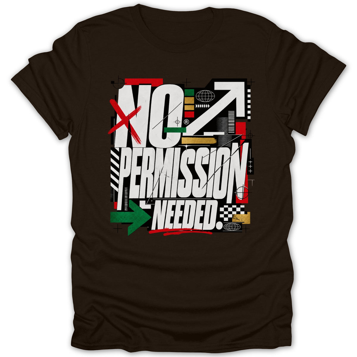T-shirt with "NO PERMISSION NEEDED" text, graphic elements, and arrows.