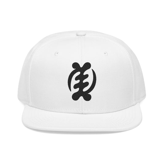 White flat brim hat with black Adinkra symbol for unity, Gye Nyame.