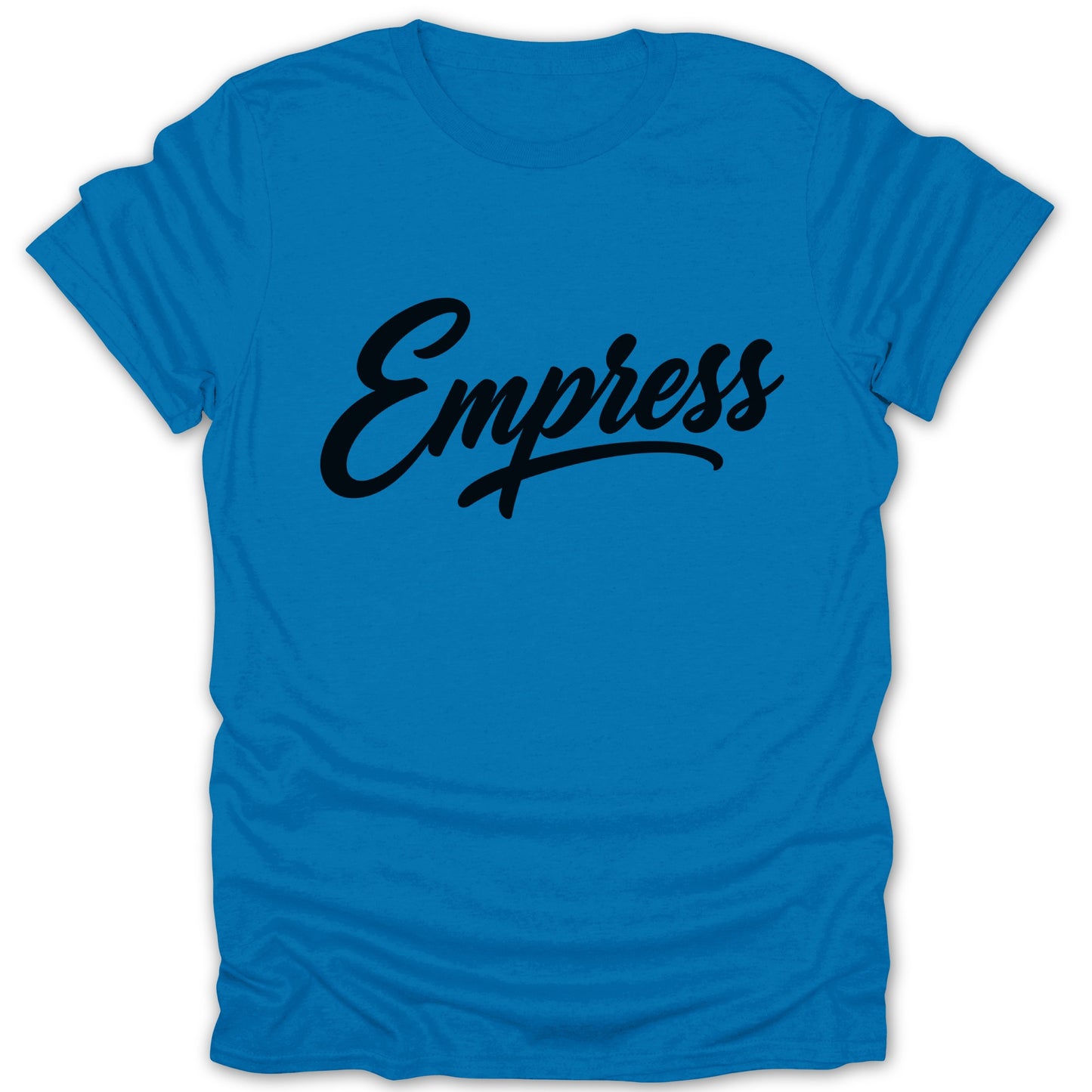 Blue t-shirt with black handwritten "Empress" text across the chest.