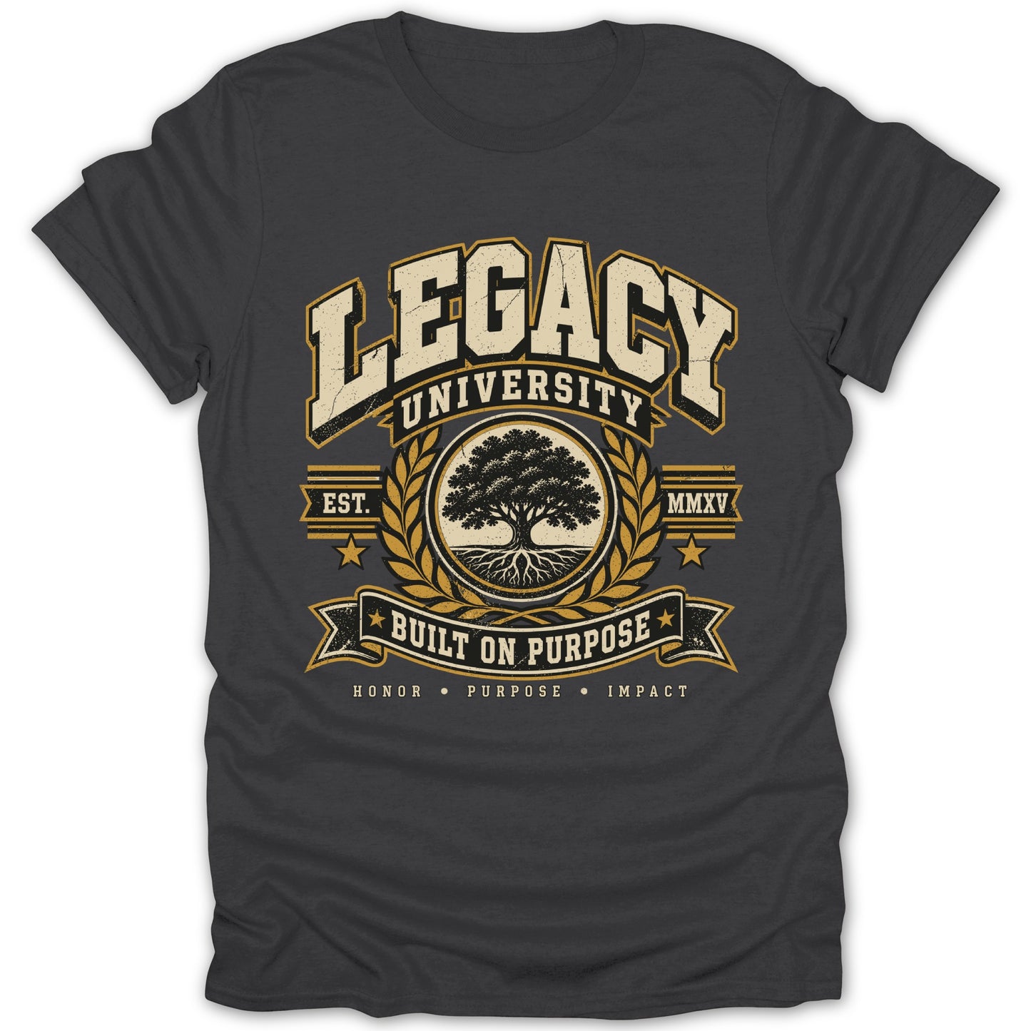 Dark grey t-shirt with distressed "Legacy University" graphic featuring a tree.