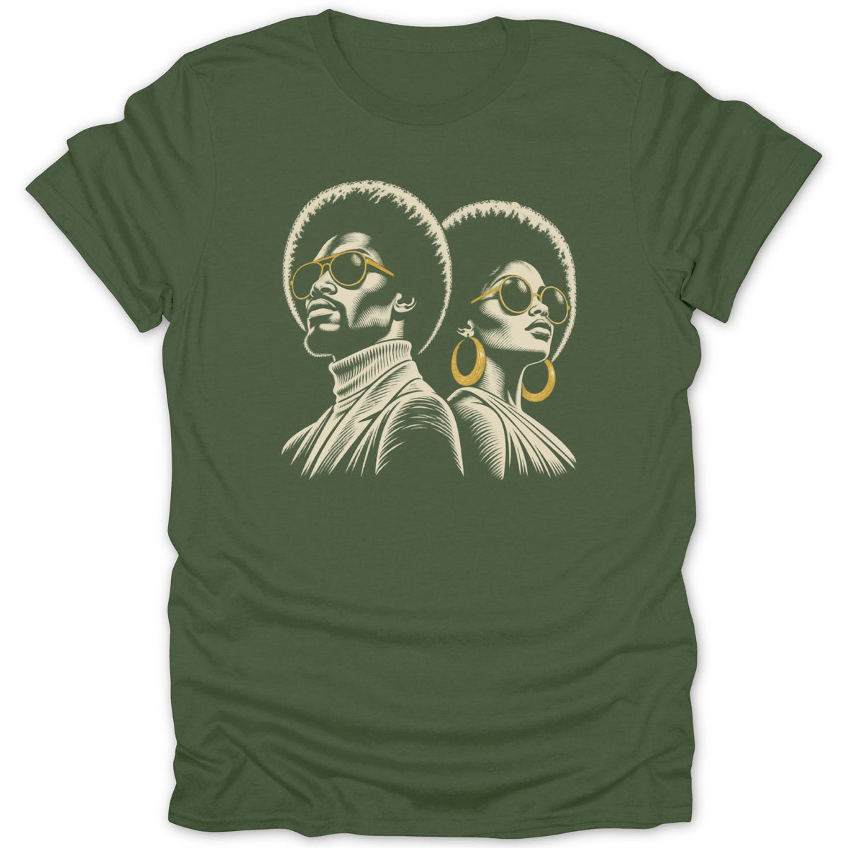 An olive green t-shirt featuring a retro graphic of a man and woman with afros and sunglasses.