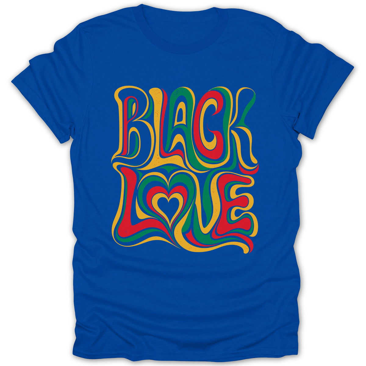 Blue t-shirt with groovy text "BLACK LOVE" in red, green, and yellow.