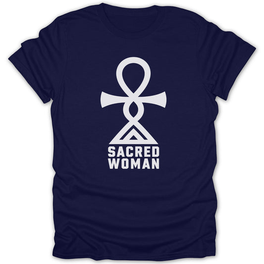 Navy t-shirt with white "Sacred Woman" text and an Ankh symbol.