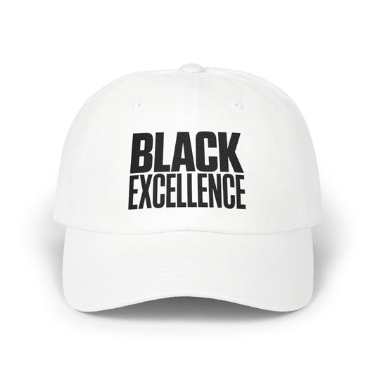 White baseball cap with "BLACK EXCELLENCE" printed in bold black letters.