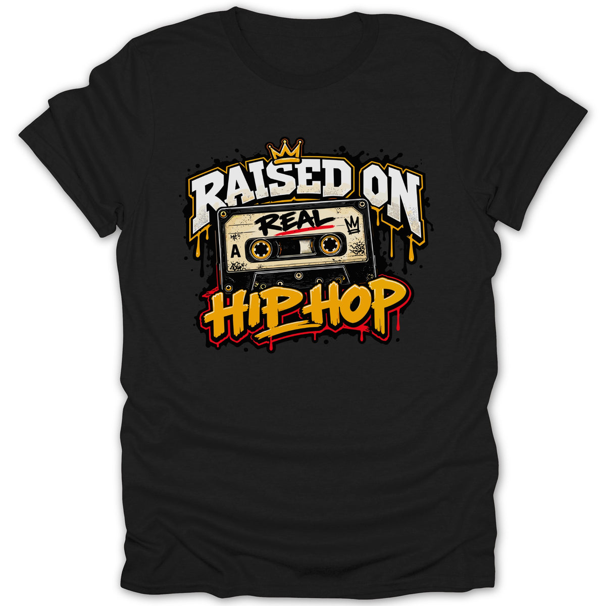 Black t-shirt with "Raised on Real Hip Hop" graphic featuring a cassette tape.