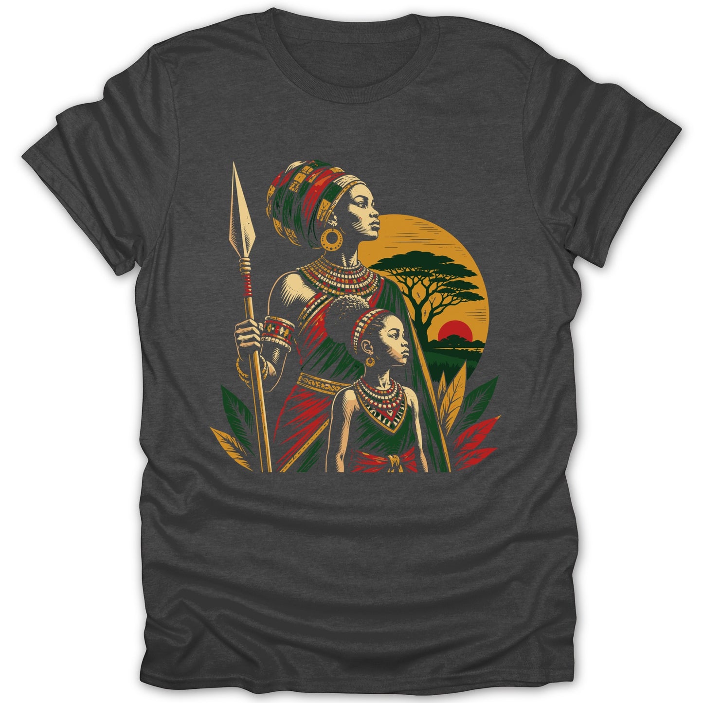 African mother and child holding spear with savanna sunset in background.