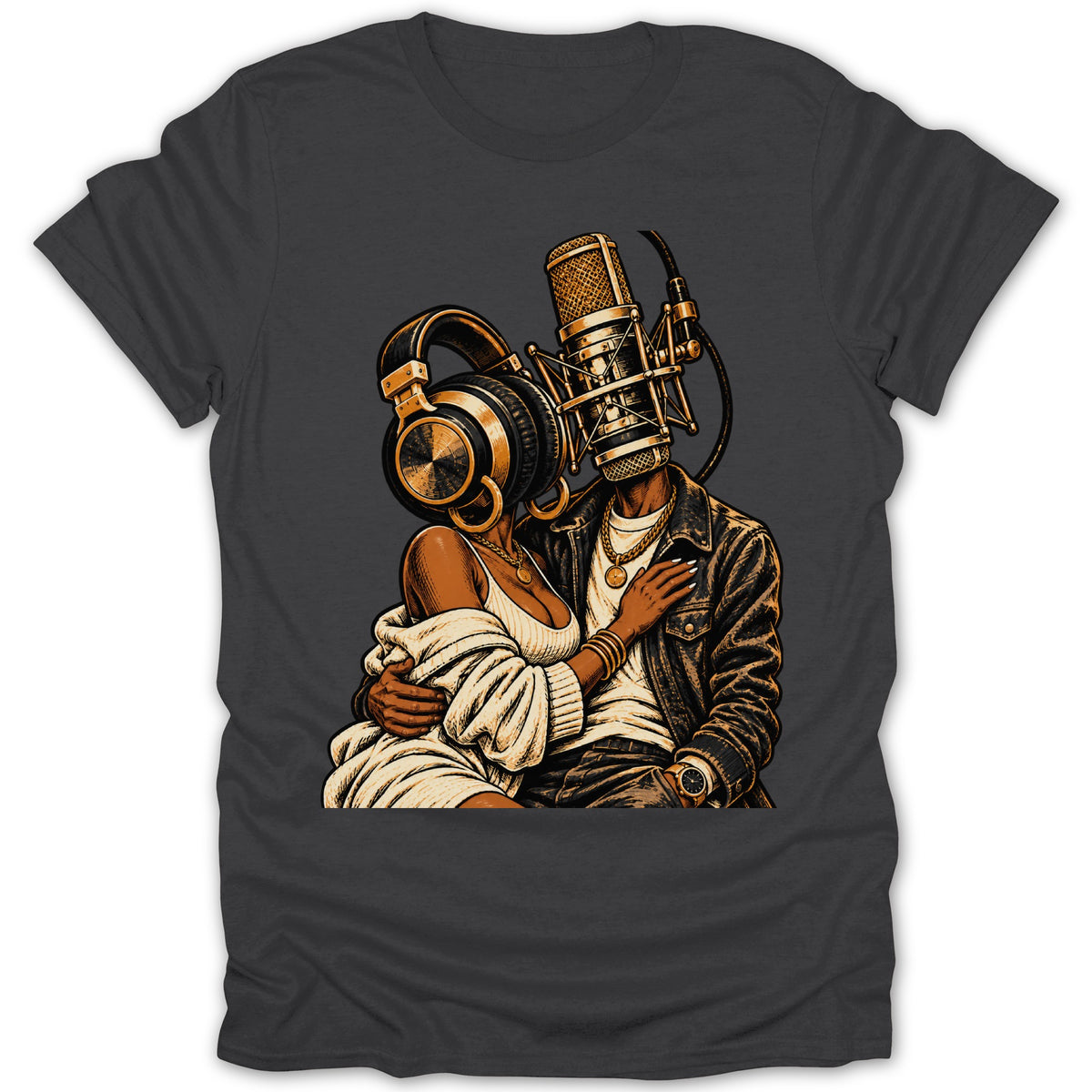 Couple with headphones and microphone heads, embracing on dark t-shirt.