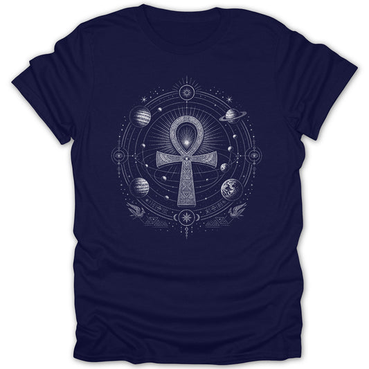 Ankh symbol with cosmic planets and astronomical elements on a navy t-shirt.
