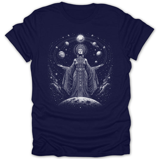 Woman in ornate dress on moon surrounded by planets and stars.