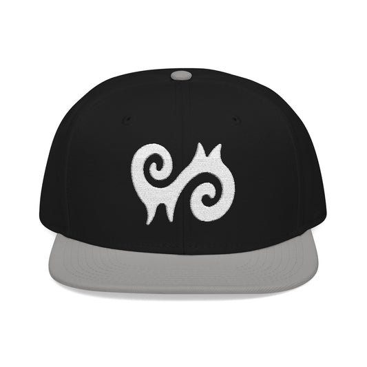 Black snapback hat with a white swirling logo on the front.