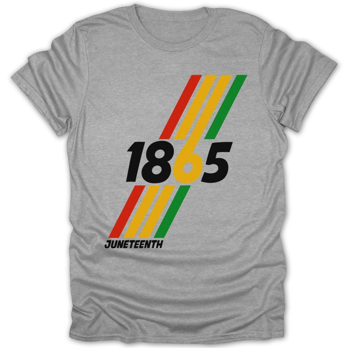 Grey t-shirt with "1865" and "JUNETEENTH" in bold colors.