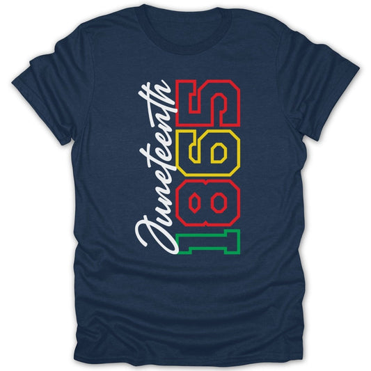Navy t-shirt with "Juneteenth 1865" in red, yellow, and green lettering.
