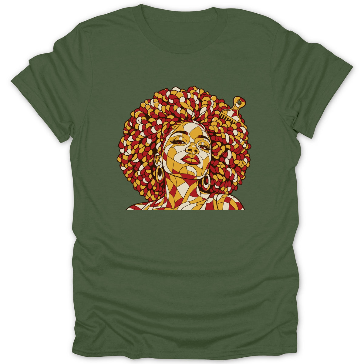 Olive green t-shirt featuring a mosaic graphic of a Black woman with a large afro and hair pick.