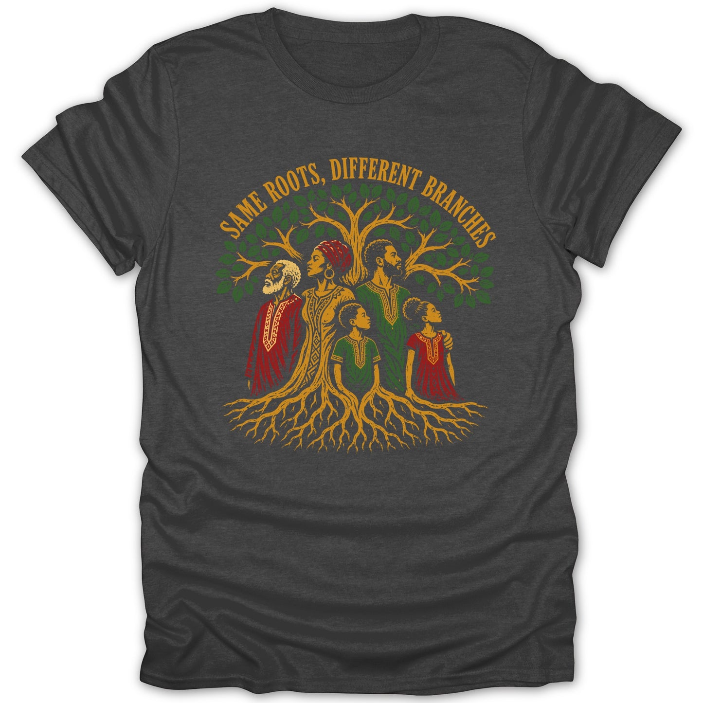 A family stands by a tree with roots and the text "SAME ROOTS, DIFFERENT BRANCHES".
