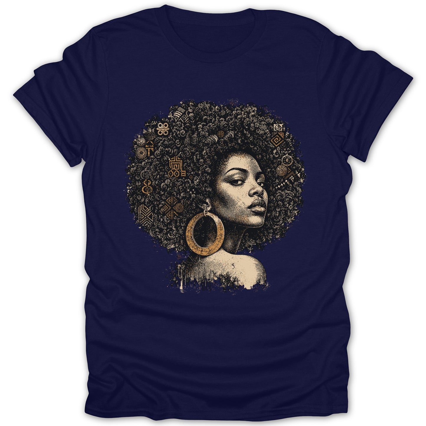 T-shirt with illustration of a Black woman with large hoop earrings and an afro filled with symbols.