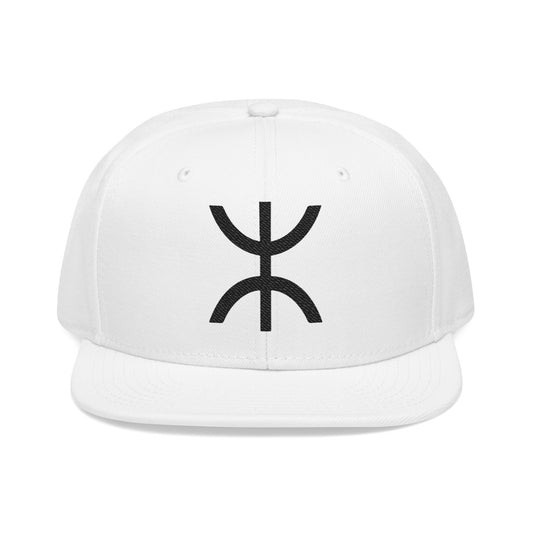 White baseball cap with a black Amazigh symbol on the front.