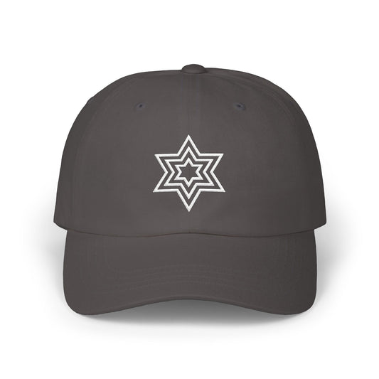 Dark grey baseball cap with a white embroidered Star of David.