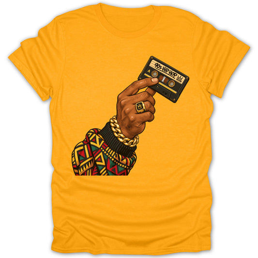 Hand holding cassette tape with "90s HIP HOP" text, wearing gold chain and ring.