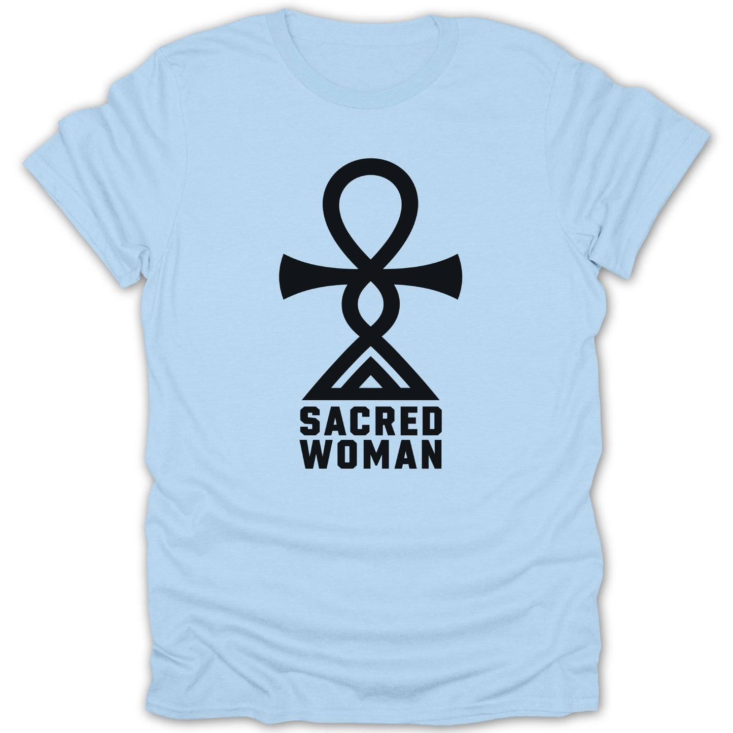 Light blue t-shirt with black Sacred Woman ankh symbol and text.