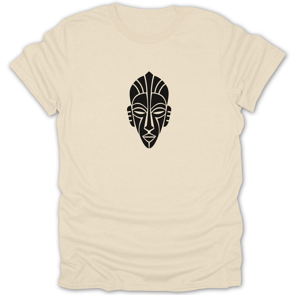 A cream-colored short-sleeved t-shirt featuring a centered black graphic of a stylized tribal mask.