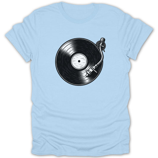 Light blue t-shirt with a black and white vinyl record and turntable graphic.