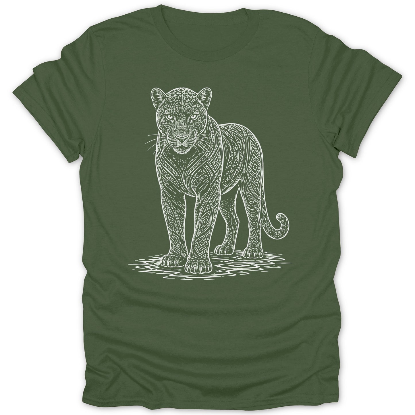Green t-shirt with white line art of a jaguar with geometric patterns.
