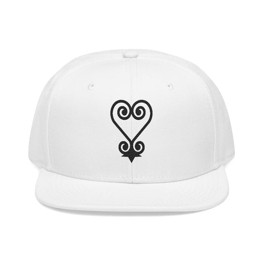 White snapback hat with black Adinkra symbol "Akoma" (heart) embroidered on the front.