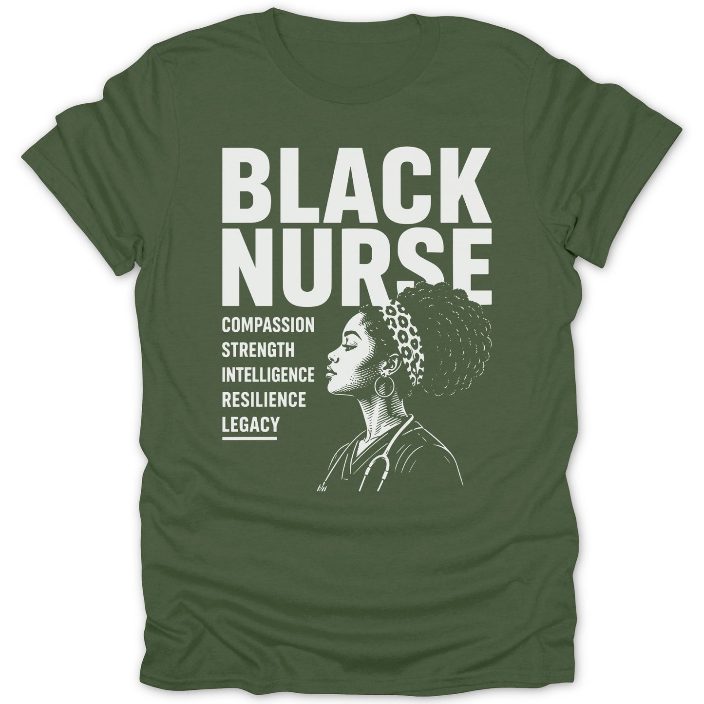 Green t-shirt with white text reading "BLACK NURSE" and a nurse portrait.