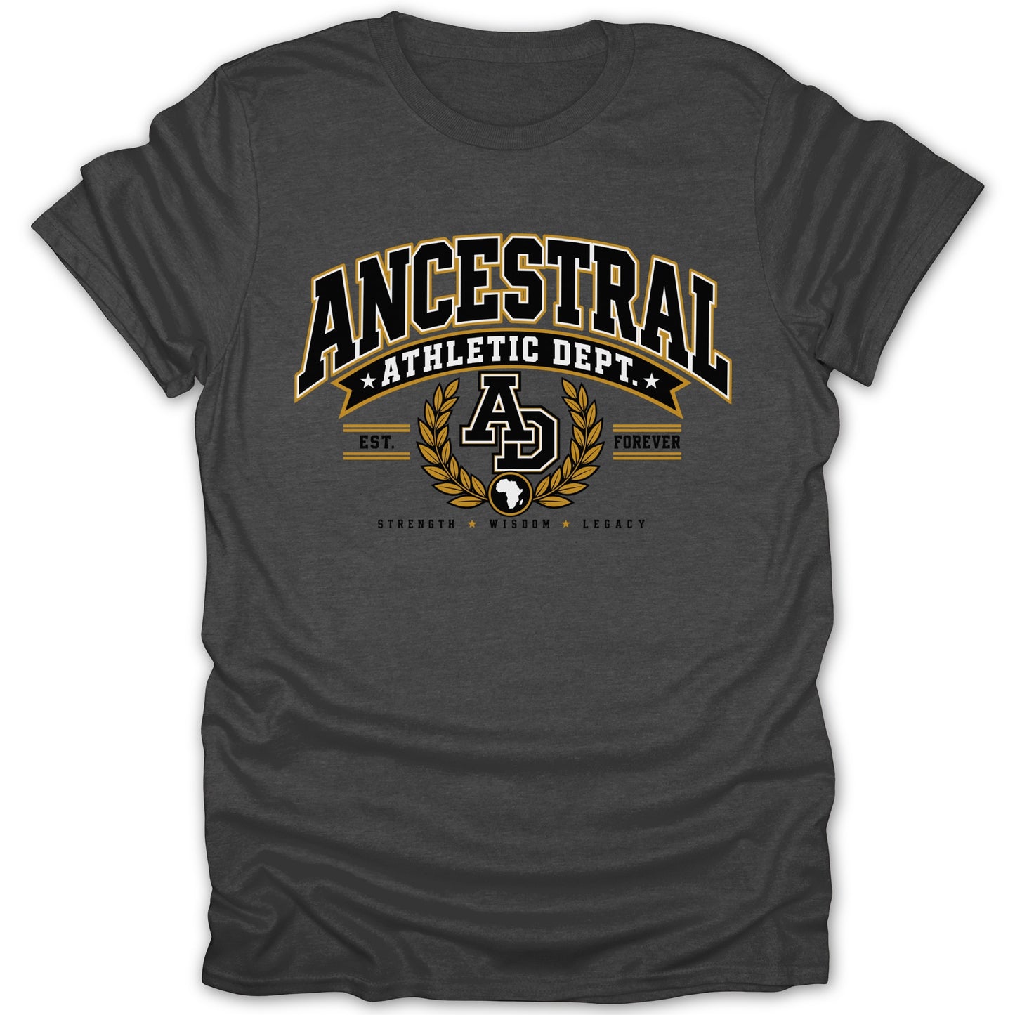 Dark grey t-shirt with "Ancestral Athletic Dept." logo featuring AD monogram and Africa outline.