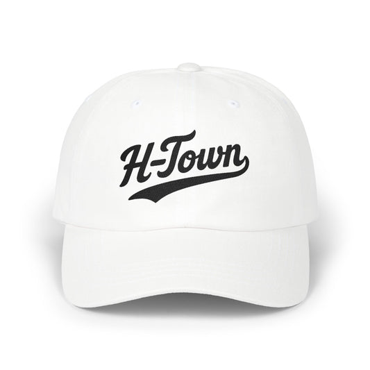White baseball cap with "H-Town" embroidered in black script.