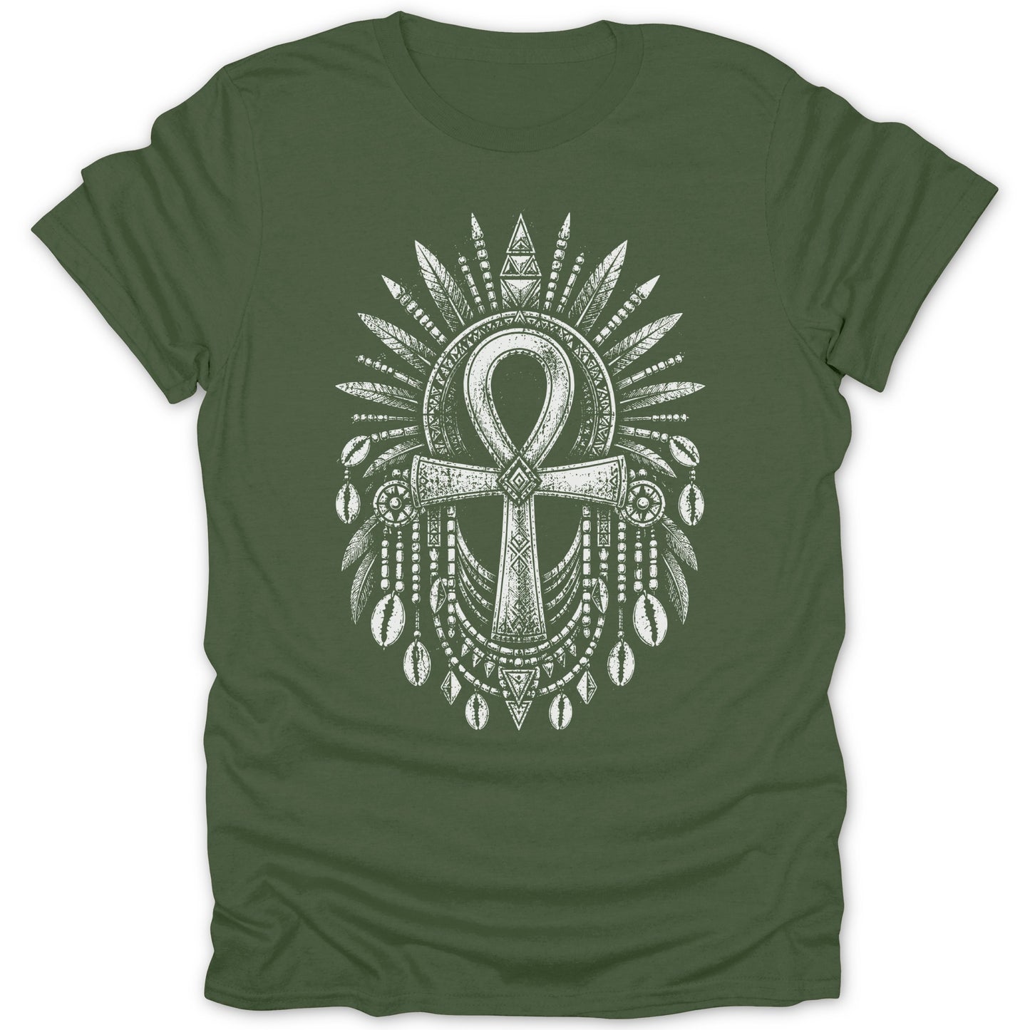 Olive green t-shirt with white ankh symbol design featuring feathers and shells.