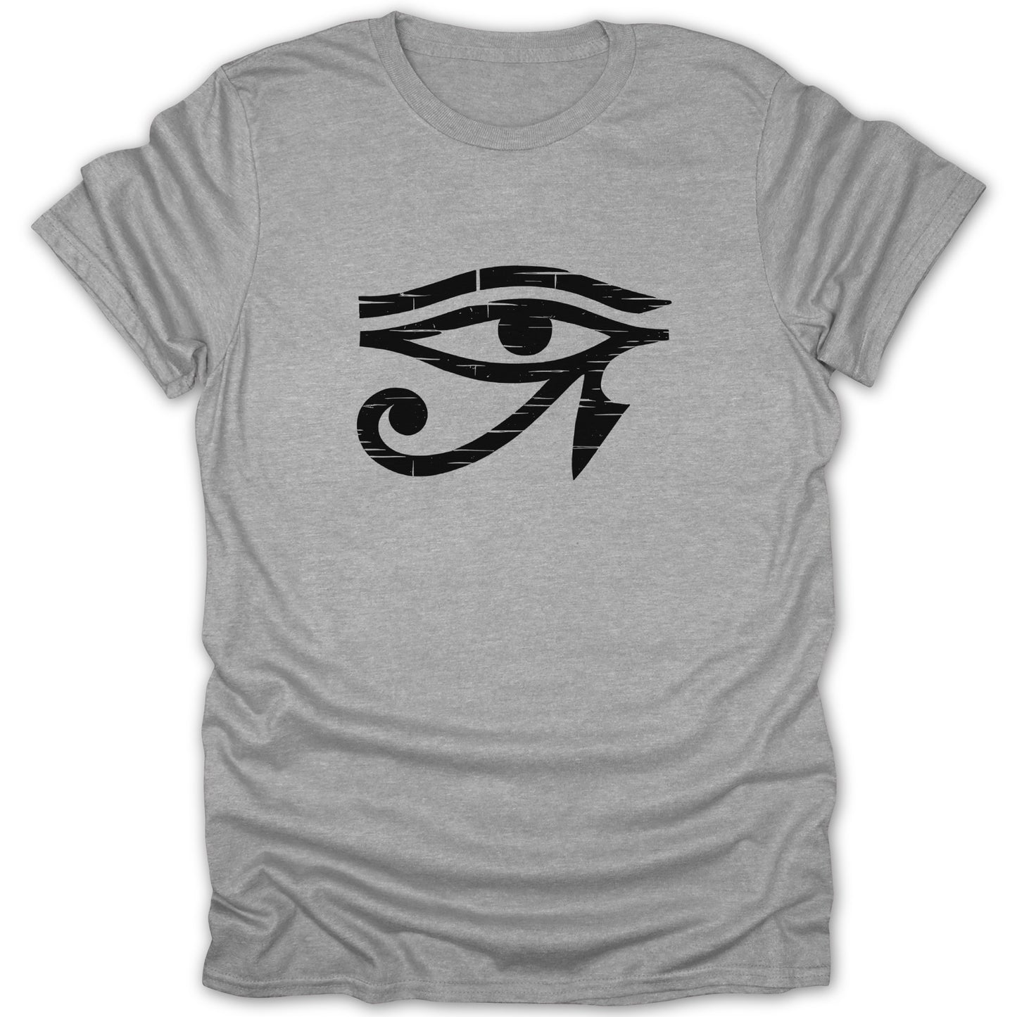 Grey t-shirt with a black distressed Egyptian Eye of Horus graphic.