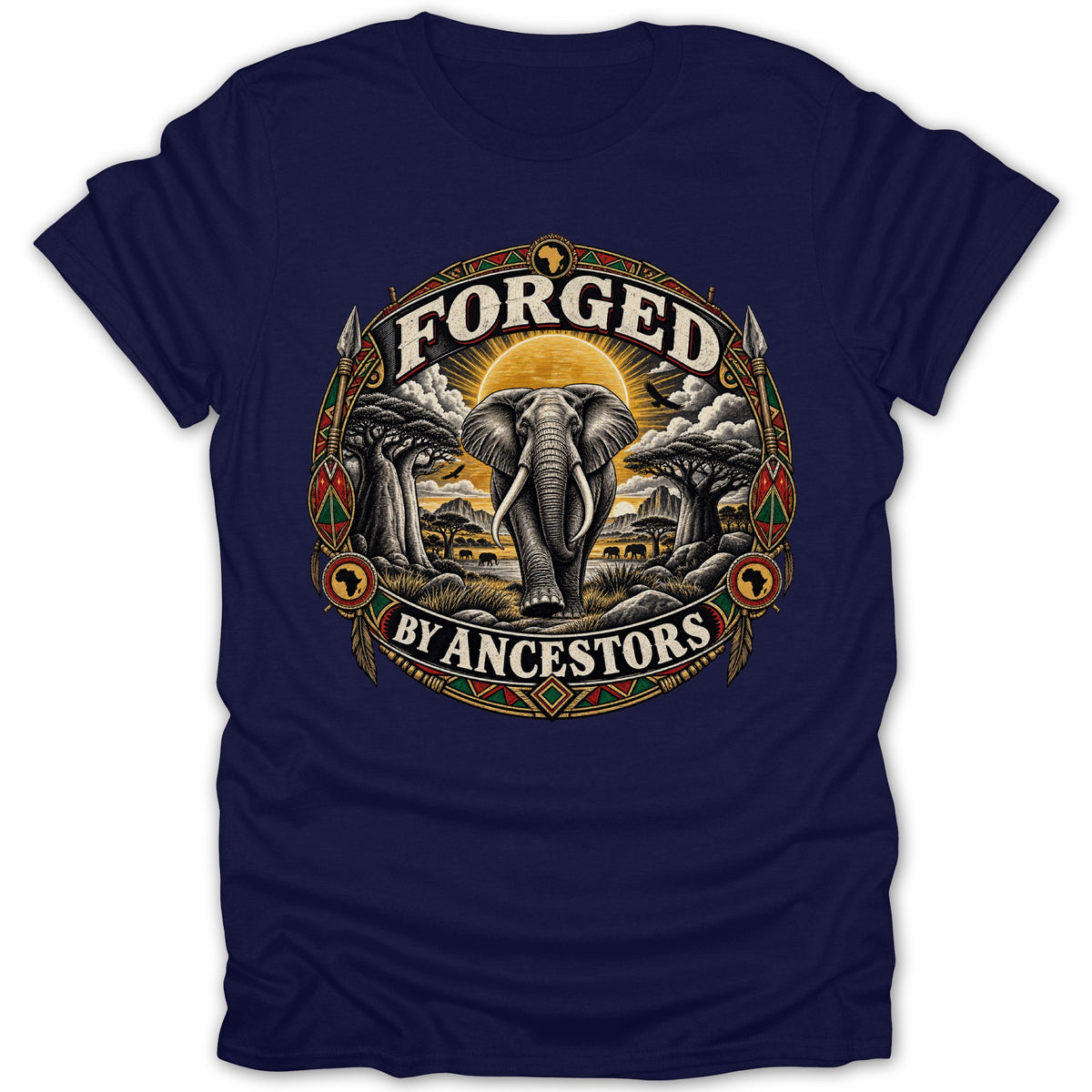 Elephant walking in African landscape with text "FORGED BY ANCESTORS" on a navy t-shirt.