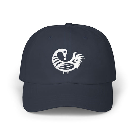Navy blue baseball cap with white Sankofa bird symbol.