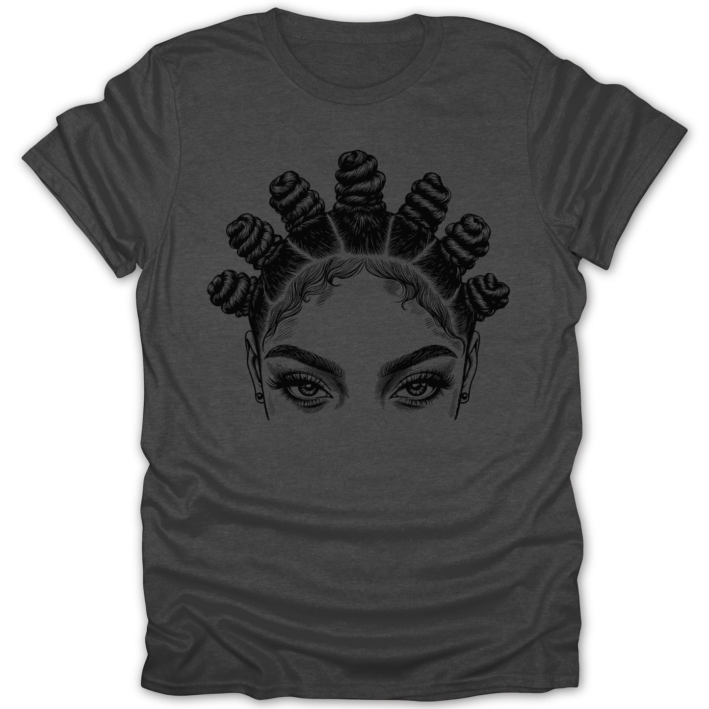 Dark grey t-shirt with a black ink illustration of a woman's eyes and bantu knot hairstyle.