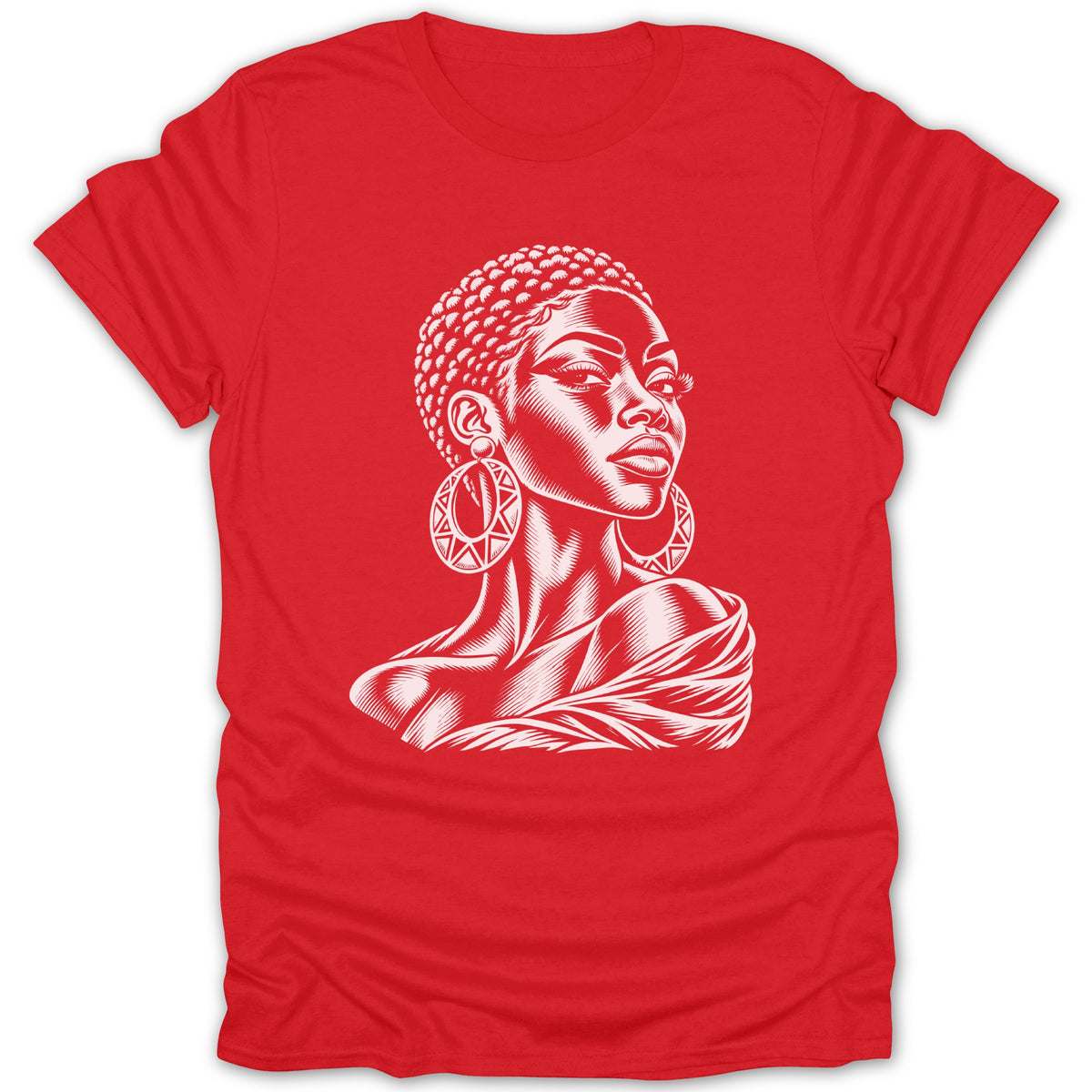 White line art of a woman's head and shoulders on a red t-shirt.