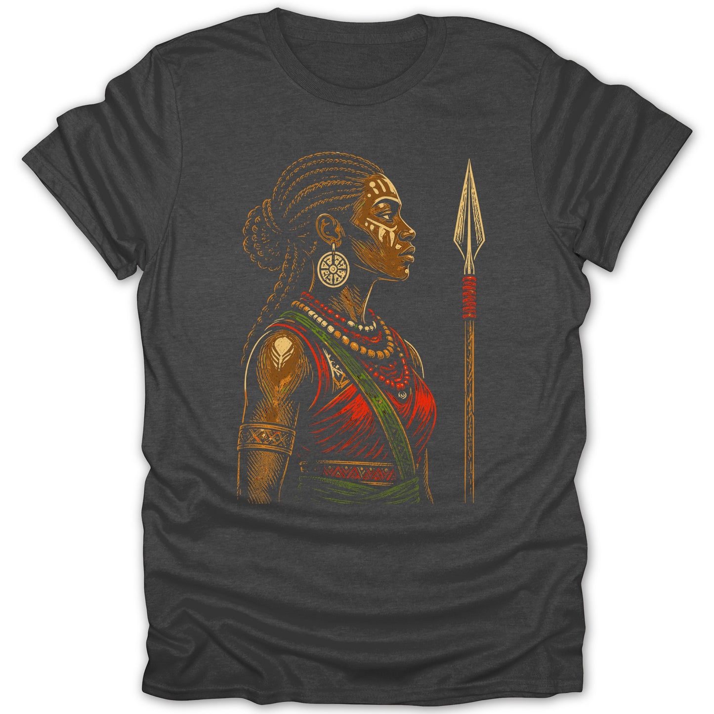 Illustration of a woman in profile with tribal face paint and a spear.