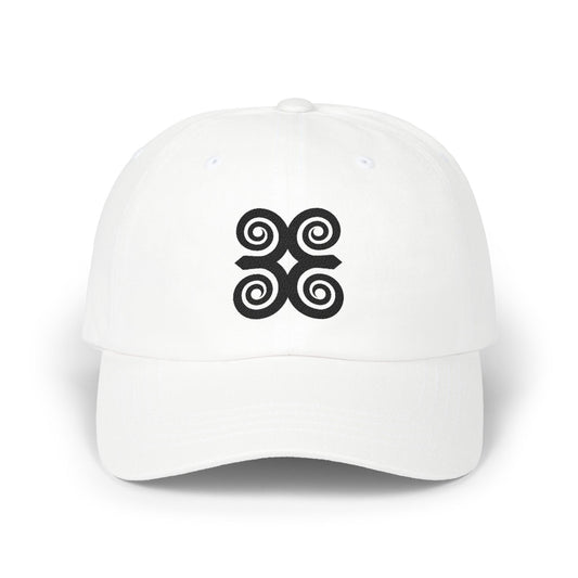 White baseball cap with a black Adinkra symbol for "unity" (Funtunfunefu-Denkyemfunefu).
