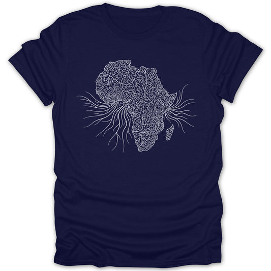 Intricate Africa Map Design on Dark Blue T-Shirt