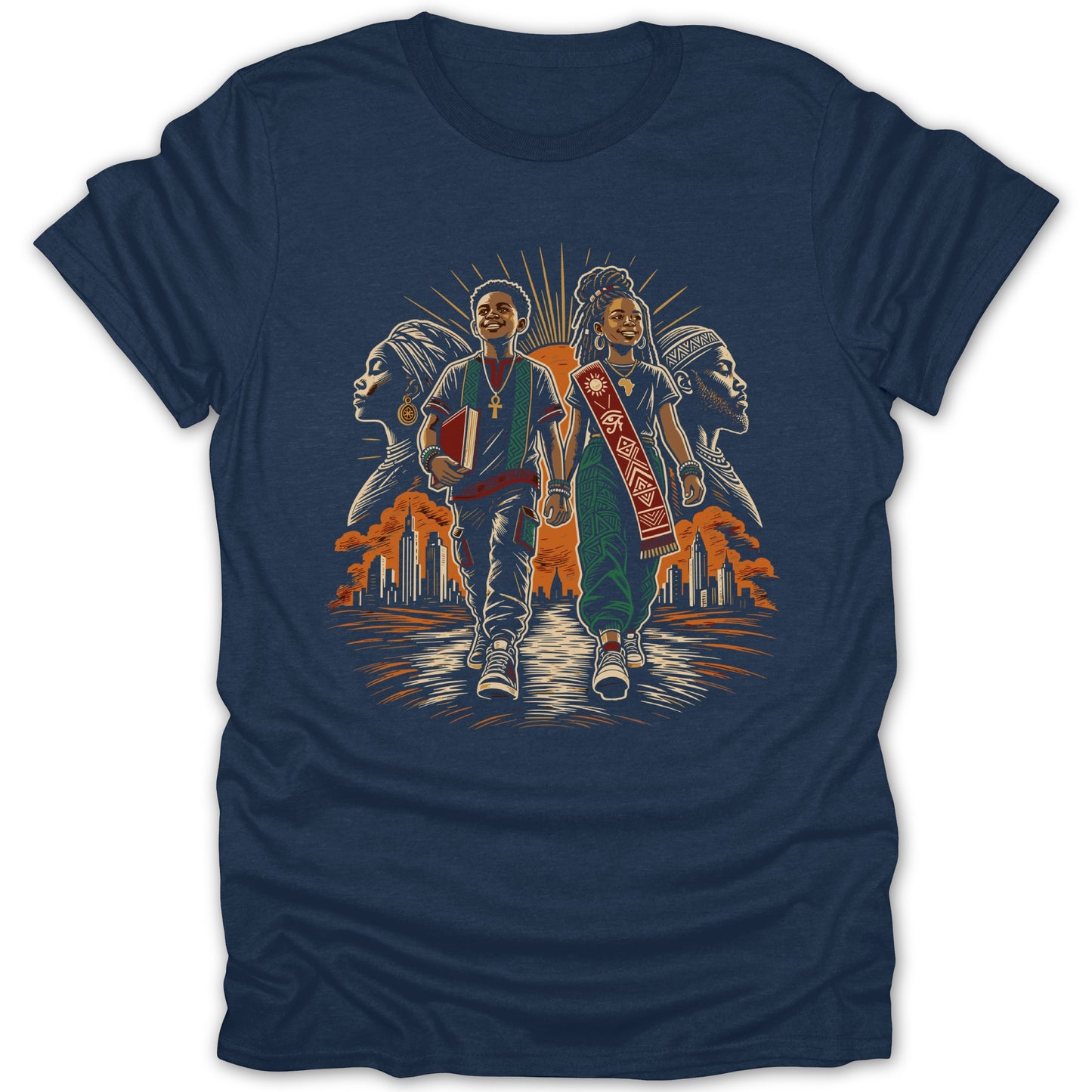 Illustration of Black people walking in a city with African cultural elements.