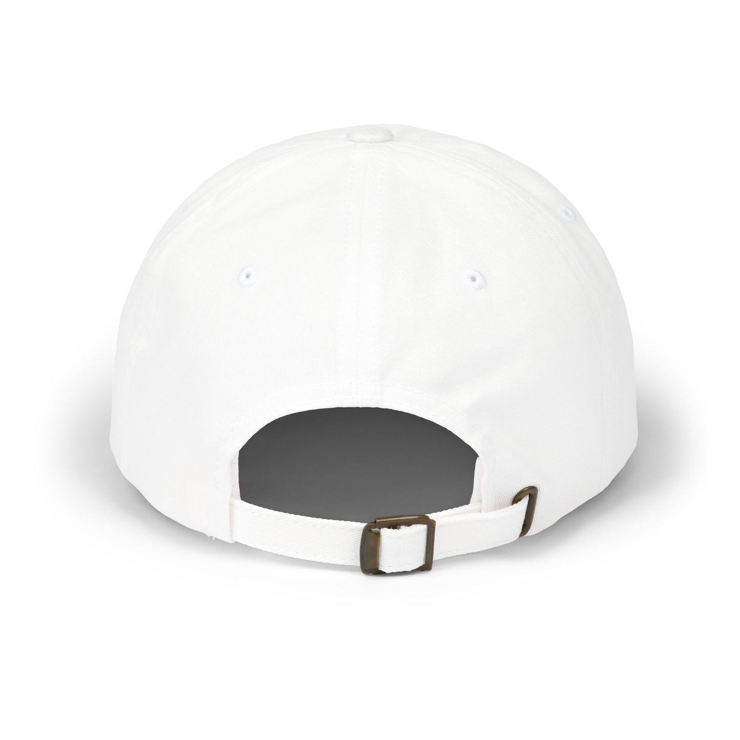 White baseball cap with adjustable metal buckle on back.