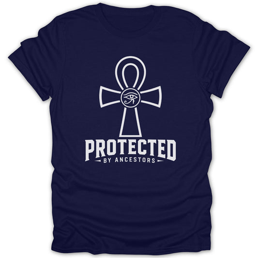 Navy t-shirt with white ankh symbol and "PROTECTED BY ANCESTORS" text.