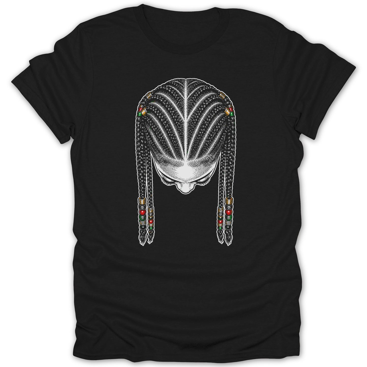 Black t-shirt featuring a detailed illustration of braided hair with colorful beads.