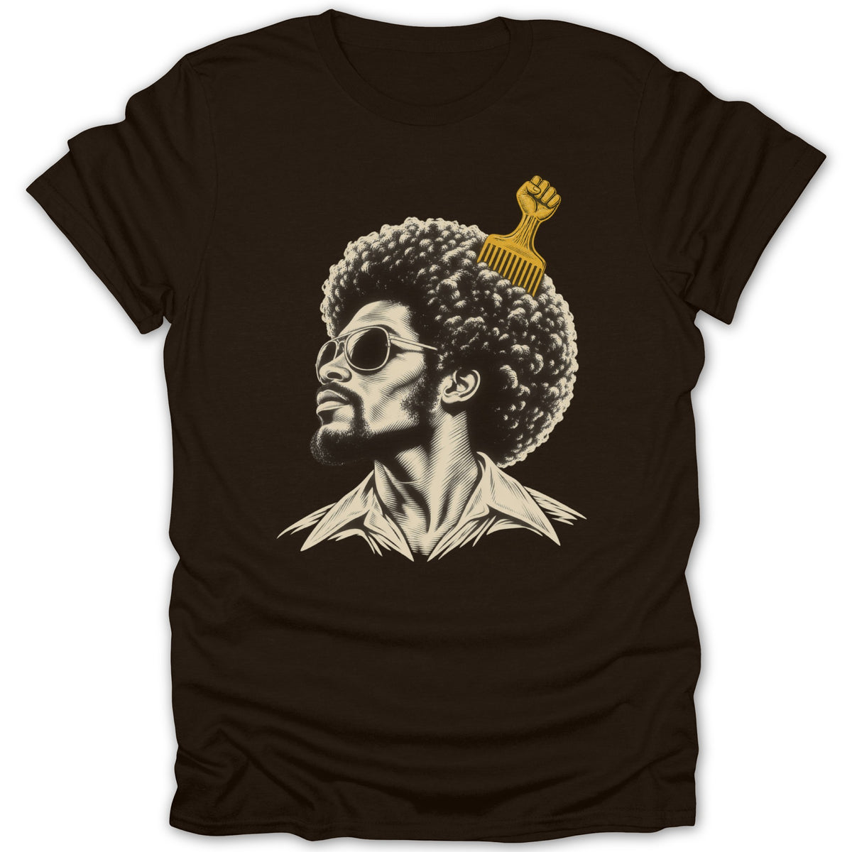 A dark brown t-shirt featuring a retro graphic of a man with an afro and a gold pick comb.