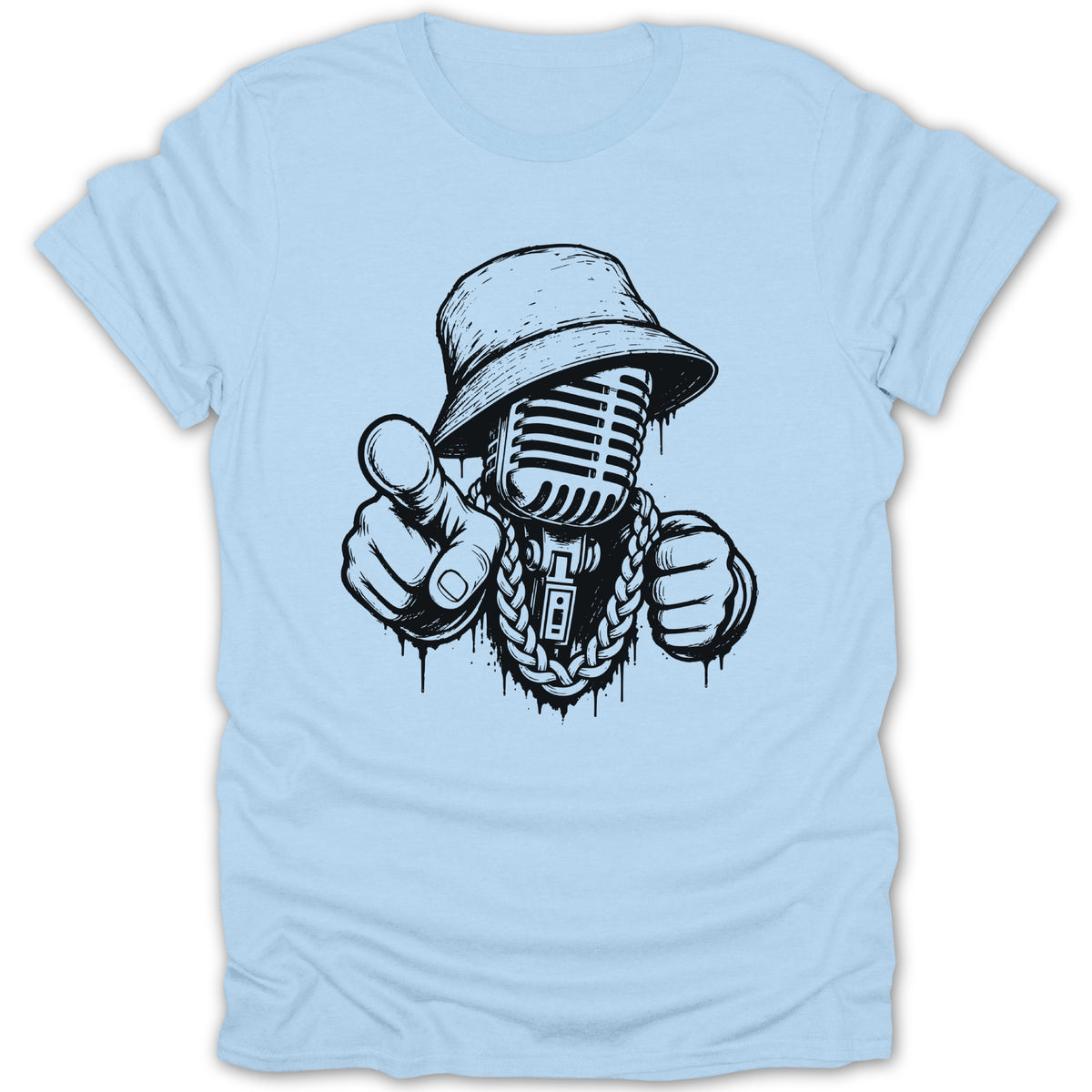 Microphone with bucket hat and gold chain points finger, black ink on light blue shirt.