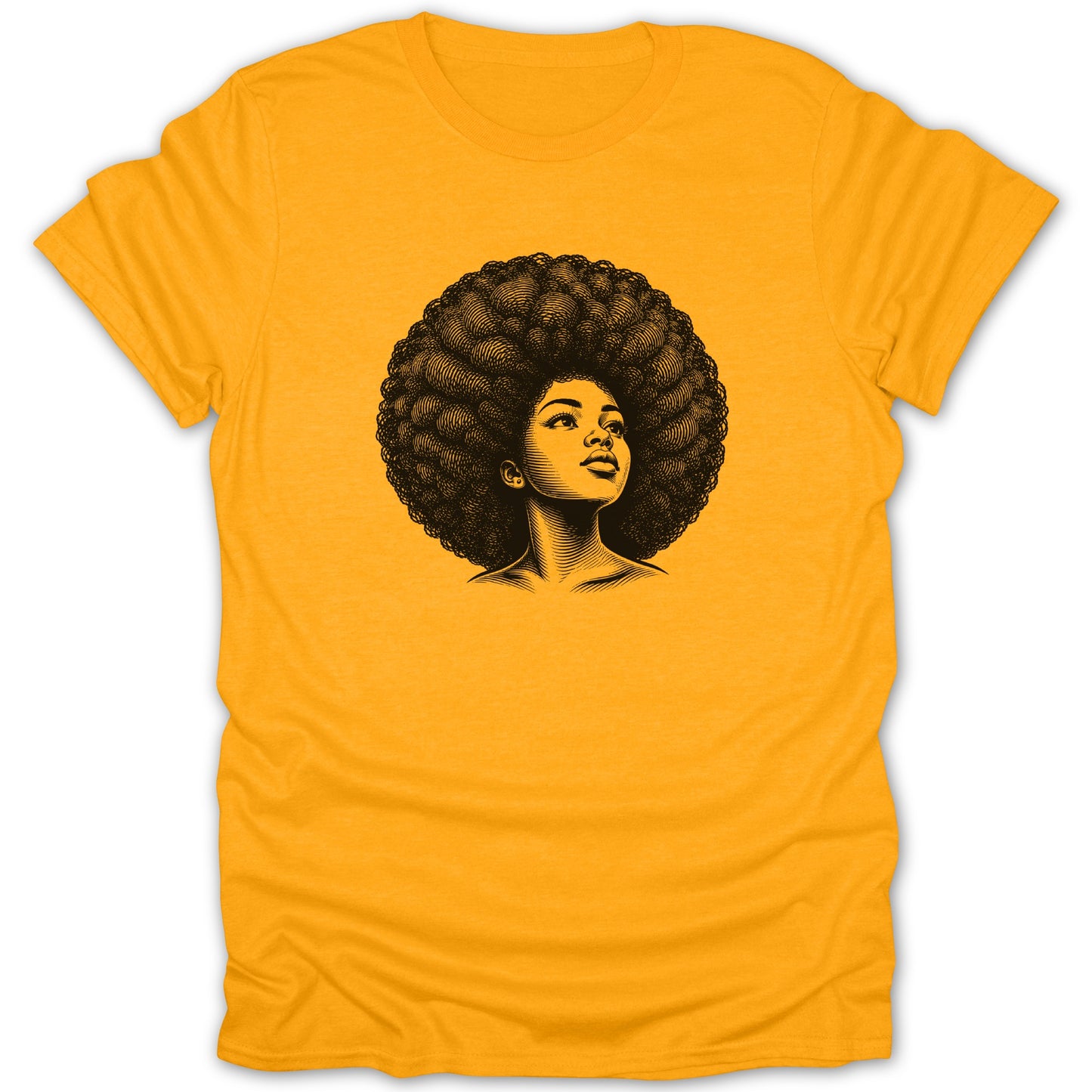 T-shirt with black ink graphic of a woman with an afro looking upwards.