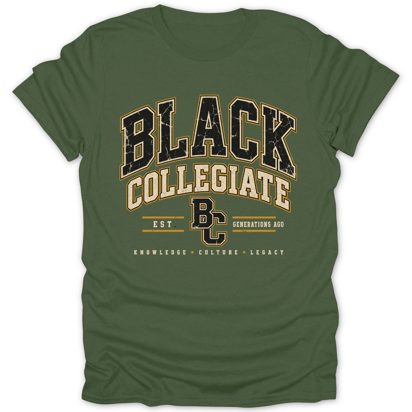 Green t-shirt with "BLACK COLLEGIATE EST. BC GENERATIONS AGO" text.