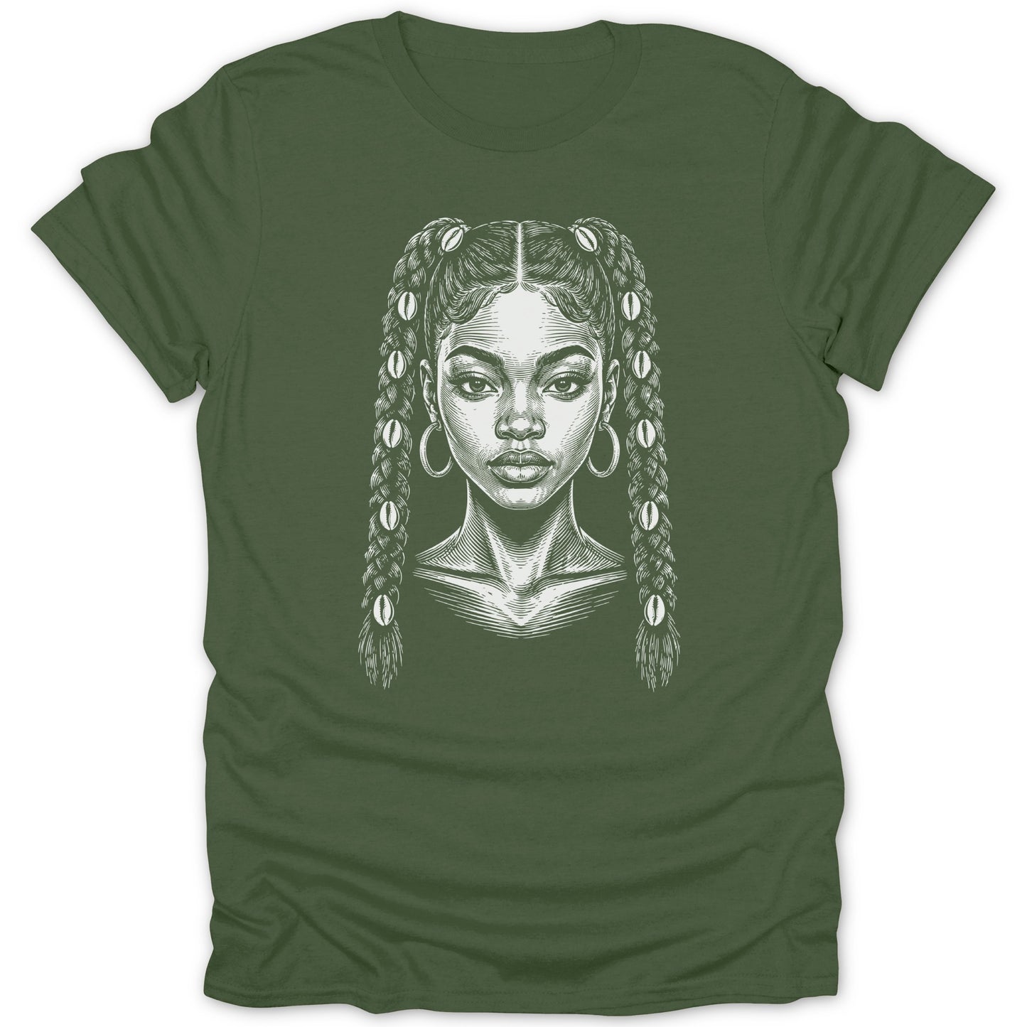 Line drawing of a woman with braids adorned with shells on a green t-shirt.