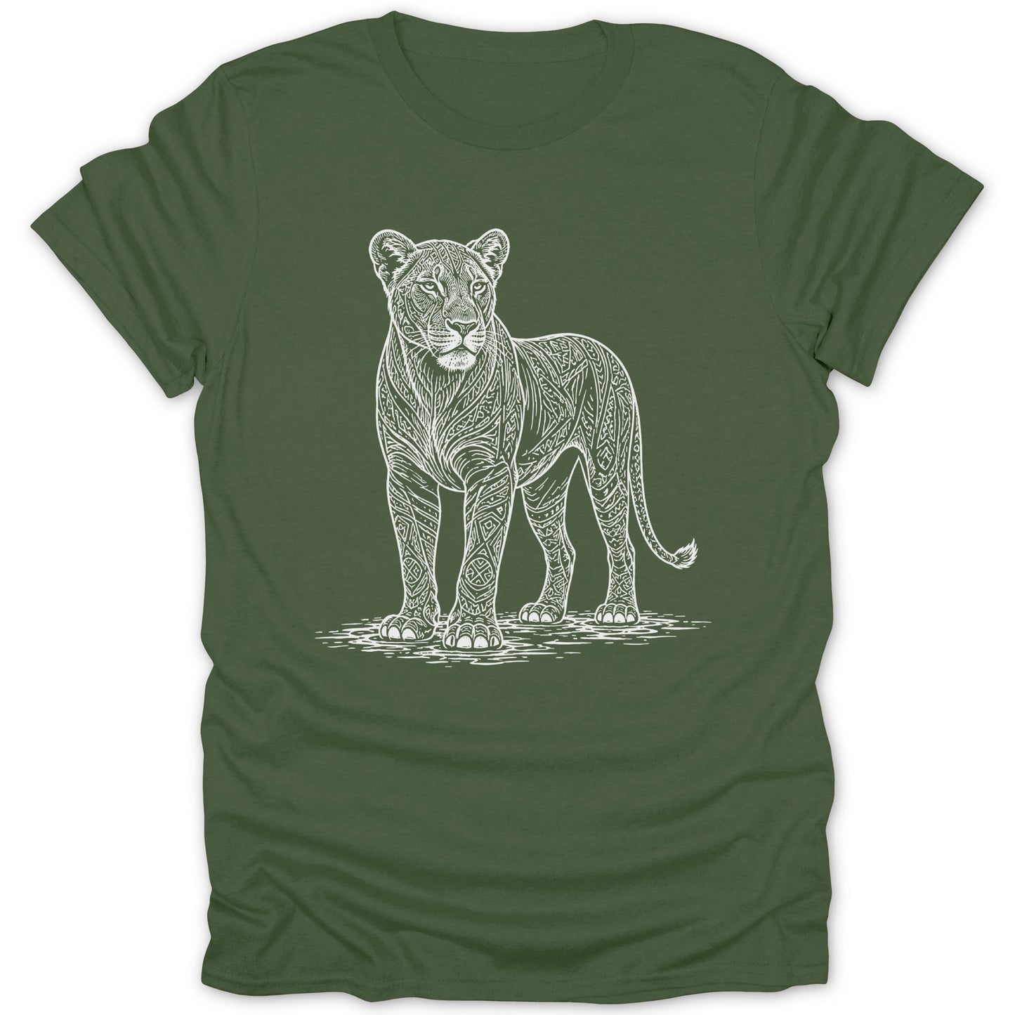 White line art of a lioness with intricate patterns on a green t-shirt.